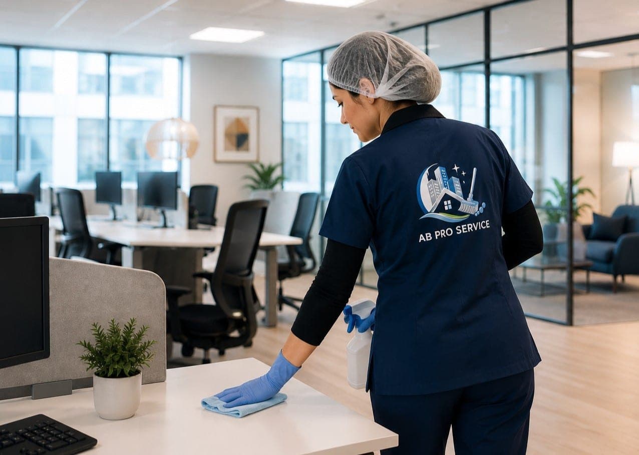 Intervenante AB Pro Service en tenue de travail nettoyant un bureau moderne à Charleroi