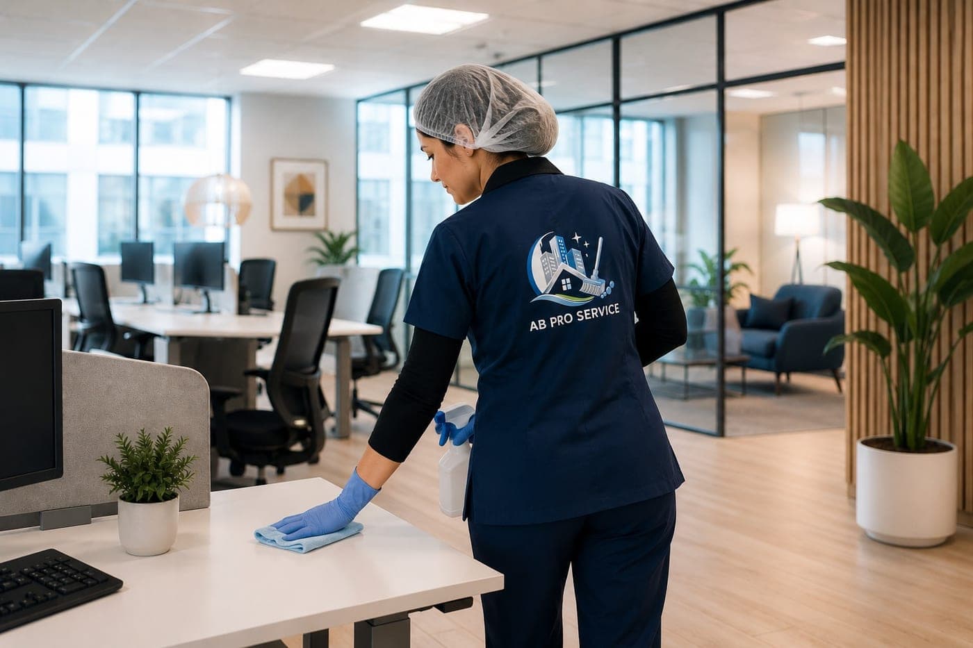 Intervenante AB Pro Service en tenue nettoyant un bureau à Charleroi